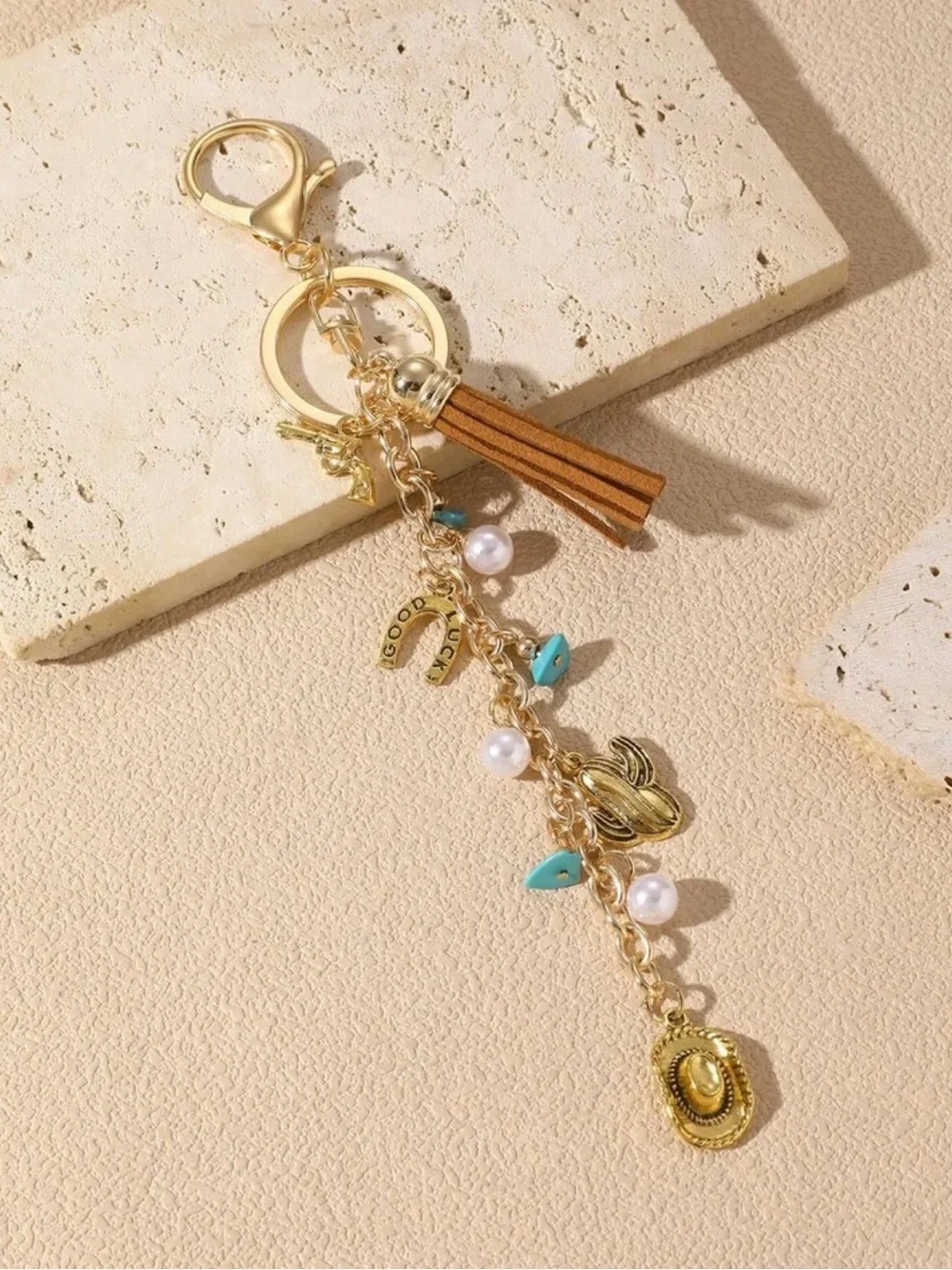 Western Bag Charm Tassel & Charm Keychain Bag Charm in Brown and Gold